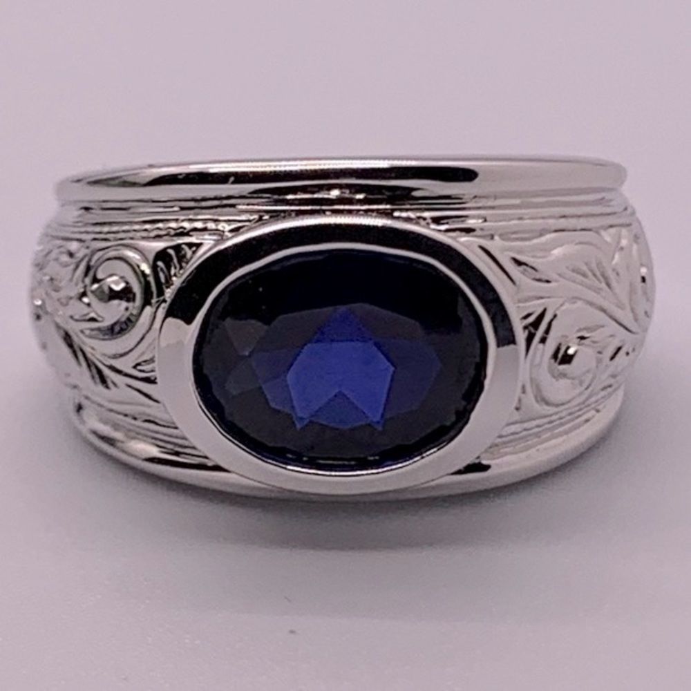 Blue Sapphire Sterling Silver Scrollwork Ring